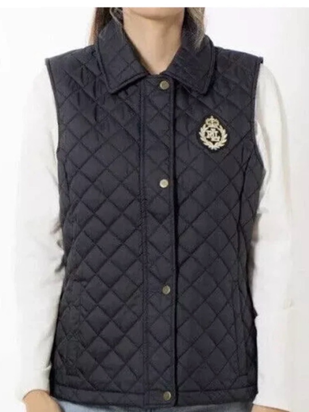 Lauren Ralph Lauren Large Crest Patch Diamond Quilted Vest Black Size Medium
